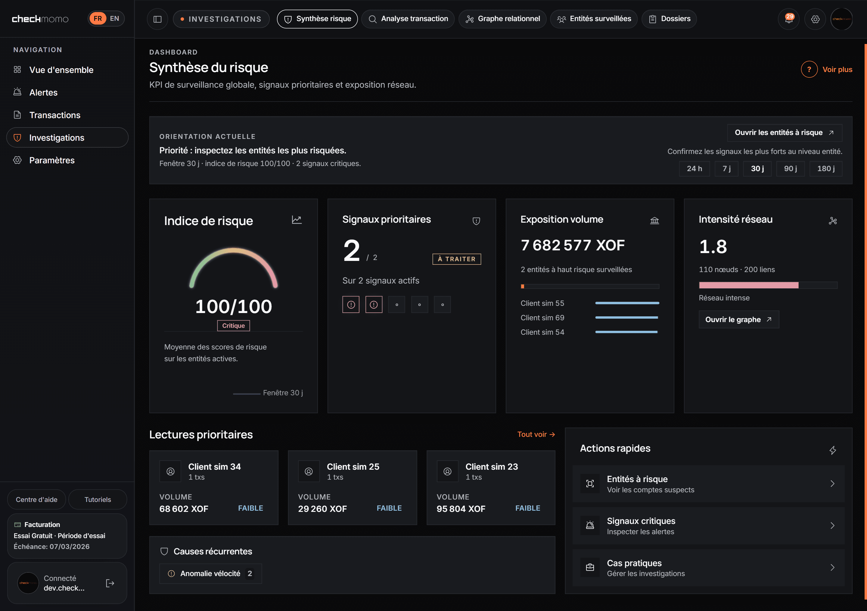 Dashboard client CheckMoMo en version desktop