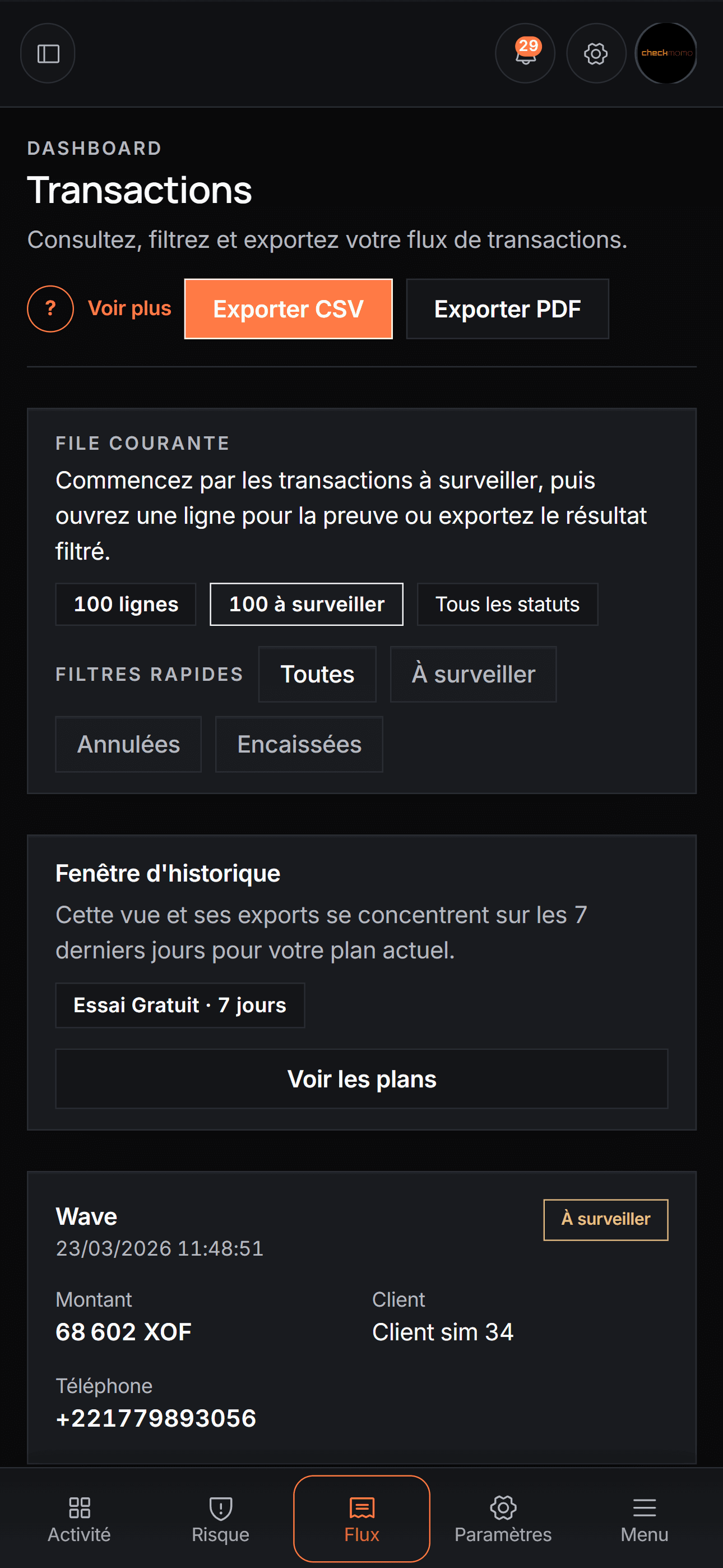Dashboard client CheckMoMo en version mobile